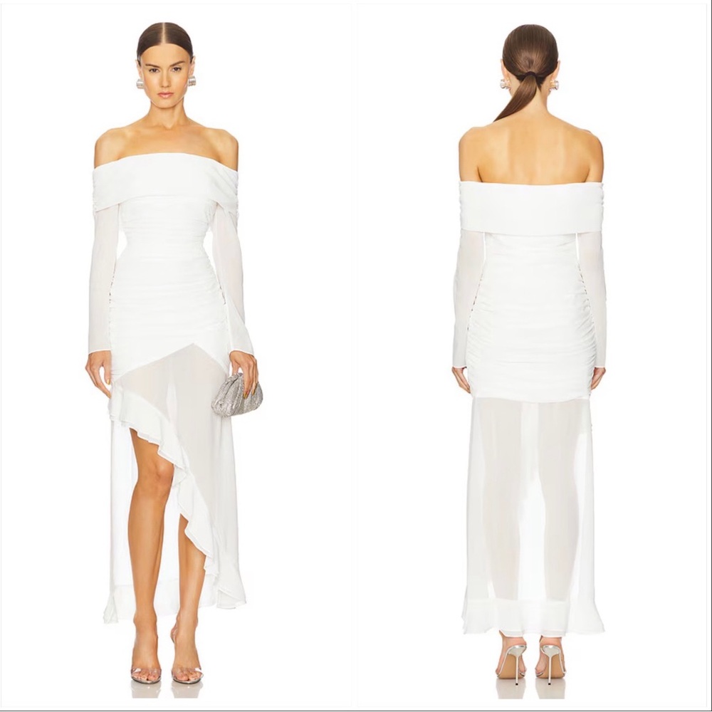Line & Dot Owens Midi White Off-Shoulder Dress
